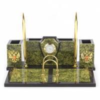 Настольный письменный набор из камня "Щит с символикой РФ" с 2-мя ручками (камень змеевик) 30 х 8 х 11 см