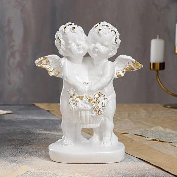 Статуэтка "Пара ангелов с корзиной цветов", золотистая, 25 см
