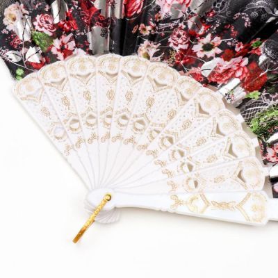 Веер пластик, текстиль "Цветы на сетке с кружевом" МИКС 23 см