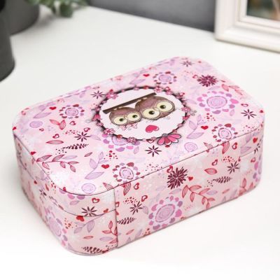 Шкатулка кожзам под часы 1 отделение и бижутерию "Совушки на ветке" 7х20х14 см