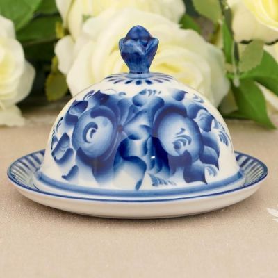 Маслёнка "Цветочек", гжель, фарфор, 2с