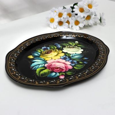 Поднос жостовский "Цветы", кружевной, автор Владыкина, 33х23 см, малый, овал
