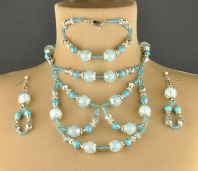 Авторский комплект прес.Бирюза, хрусталь, лунный камень "Голубой Эдельвейс" арт.ВАС-632