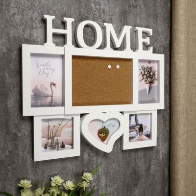 Фоторамка пластик на 5 фото 9х11, 10х10, 10х15 см "Дом" белая, пробка 15х20 38х45,5 см