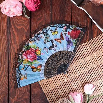 Веер пластик, текстиль "Бабочки и розы" чёрное кружево МИКС 23 см
