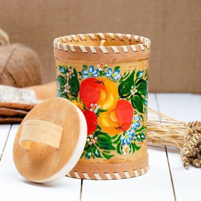 Туес «Яблочко», 10×10×12 см, с ручной росписью, береста