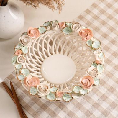 Конфетница "Солнышко", белая, цветная лепка, плетение, 10 см, микс