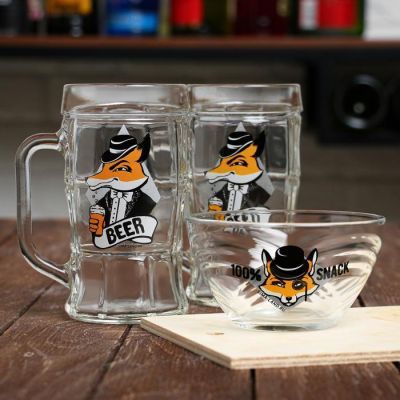 Пивной набор посуды "Лис" : бокал 2 шт. 330 мл, тарелка 150 мл, подставка