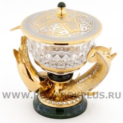 Икорница "Два осетра" камень нефрит