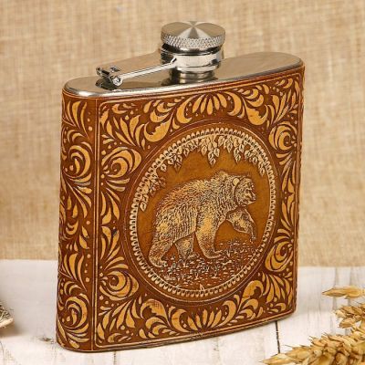 Фляжка «Медведь», вид 1, 180 мл, металл, береста