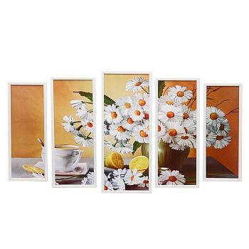 Модульная картина "Чай с букетом ромашек" 23х59-1шт, 20х53-2шт, 18х47-2шт, 60х100 см