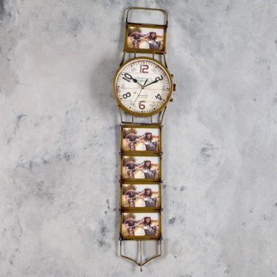 Часы настенные, серия: Фото, "Наручные часы", d=15 cм, 5 фоторамок, коричневые, 17х71 см