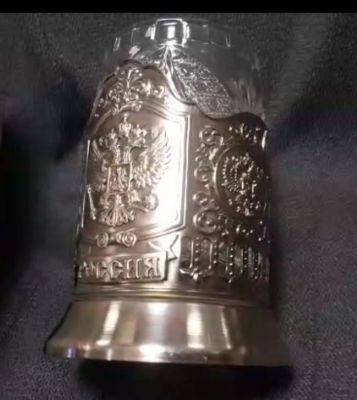 Подстаканник «Герб РФ», со стаканом (латунь, никель) в деревянной шкатулке