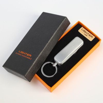 Зажигалка электронная в подарочной коробке, на брелоке,+фонарик, USB, спираль, хром, 6х12 см