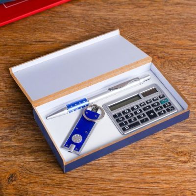 Набор подарочный 3в1 (ручка, калькулятор, фонарик синий)
