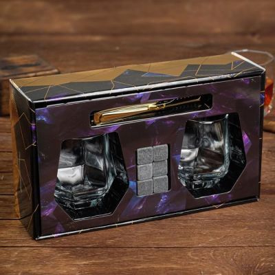 Подарочный набор "Сила. Воля. Успех", камни для виски 6шт, бокал 2шт, щипцы