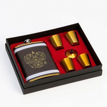 Подарочный набор "Герб России" 6 в 1: фляжка 270 мл, 4 рюмки, воронка, 24х17 см