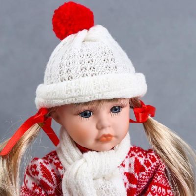 Кукла коллекционная керамика "Полинка в зимнем красном свитере, в шапке и шарфе" 30 см
