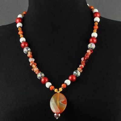 Бусы  Сердолик, кахолонг, прес.коралл "Леонидия" арт.АНТ-304