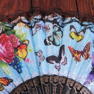 Веер пластик, текстиль "Бабочки и розы" чёрное кружево МИКС 23 см