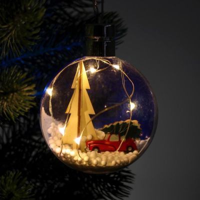 Новогодний шар с деревянной фигуркой и подсветкой «Машина и ёлка» 10х10 см