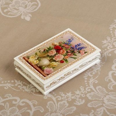 Шкатулка «Букет цветов в вазе», белая, 11×16 см, лаковая миниатюра