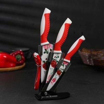 Набор кухонный на подставке «Роза любви», антиналипающее покрытие, 4 предмета: ножи 12 см, 14 см, 17 см, овощечистка, цвет красный