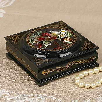 Шкатулка "Цветы" с накладкой, 10×10 см, лаковая миниатюра