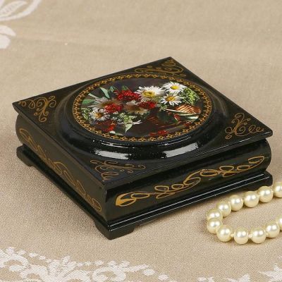 Шкатулка "Цветы" с накладкой, 10×10 см, лаковая миниатюра
