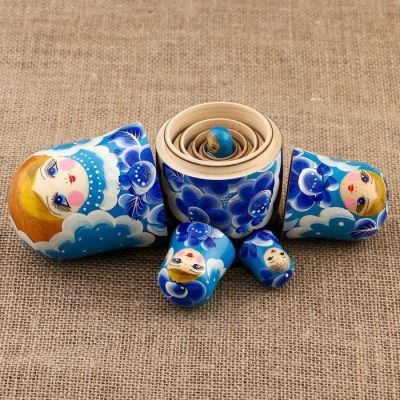 Матрёшка «Цветы», голубой платок, 5 кукольная, 15 см