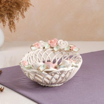 Конфетница "Купеческая", белая, цветная лепка, плетение, 8 см