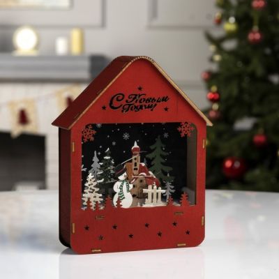 Светодиодная фигура «Снеговик во дворе» 15 × 21 × 4.5 см, дерево, батарейки АААх3 (не в комплекте), свечение тёплое белое