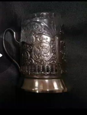 Подстаканник «Герб РФ», со стаканом (латунь, никель) в деревянной шкатулке