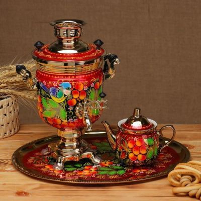 Набор «Рябина», 3 предмета, самовар 3 л, заварочный чайник 0,7 л, поднос