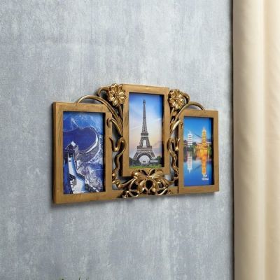 Фоторамка пластик на 3 фото 10х15 см "Незабудки и бант" тёмное золото 21,5х41 см