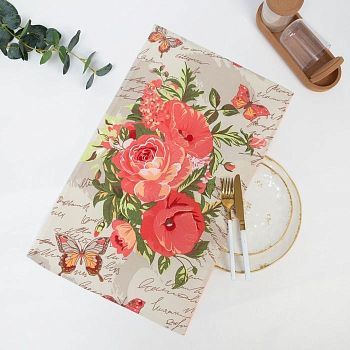 Полотенце вафельное "Букет розы-маки" 35х60 см, песочный, 160 гр/м, хл,