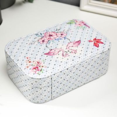 Шкатулка кожзам для украшений "Фламинго и цветы" блёстки 7х20х14 см