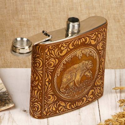 Фляжка «Медведь», вид 1, 180 мл, металл, береста