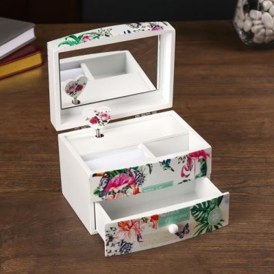 Шкатулка дерево комод 1 ящик музыкальная "Фламинго в тропиках" 9х10х13 см