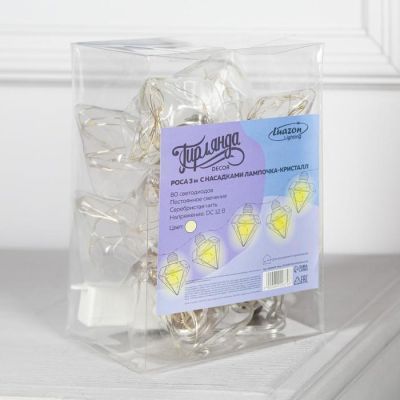 Гирлянда "Нить" 3 м с насадками "Лампочки кристалл", IP20, прозрачная нить, 80 LED, свечение тёплое белое, 8 режимов, 220 В