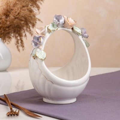 Конфетница "Корзина", белая, цветная лепка, птички, 22 см, микс