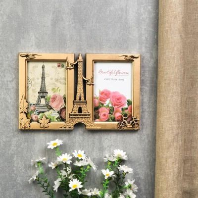 Фоторамка пластик на 2 фото 10х15 см "Эйфелева башня и чайки" золотая с белым 17,5х28х3 см