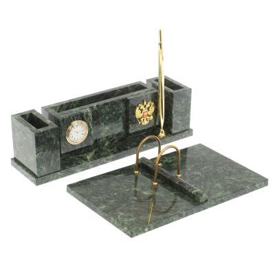 Письменный набор из камня "Люкс" с гербом РФ, часами и ручкой №41 (камень змеевик), 30 х 23 х 9 см