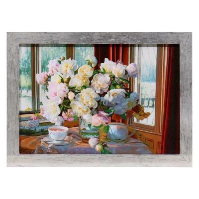 Гобеленовая картина "Пионы на окне" 26*35 см рамка МИКС