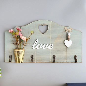 Крючки декоративные дерево "Букетик цветов в горшке - Love" 19,5х35х3,5 см