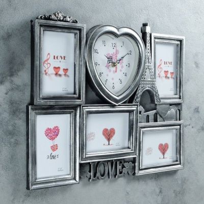 Часы настенные, серия: Фото, "Эйфелева башня", 5 фоторамок, чёрные патина, 38х50 см, микс