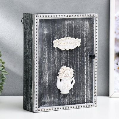 Ключница дерево 6 крючков "Розы в чайничке" серая 26х20х6,3 см