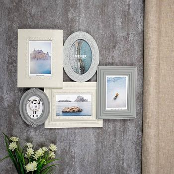 Фоторамка пластик на 5 фото 8х10, 10х15 см "Классика" бежево-серая 38,5х47 см