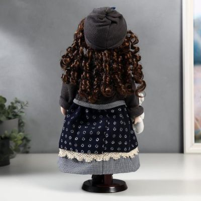 Кукла коллекционная керамика "Настя в синем платье и сарафане в кружочек" 40 см