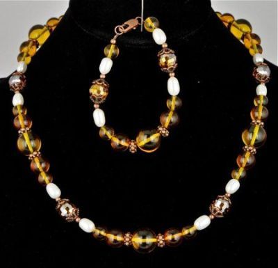 Авторский комплект Янтарь, жемчуг, хрусталь "Золотая Рапсодия" арт.1069